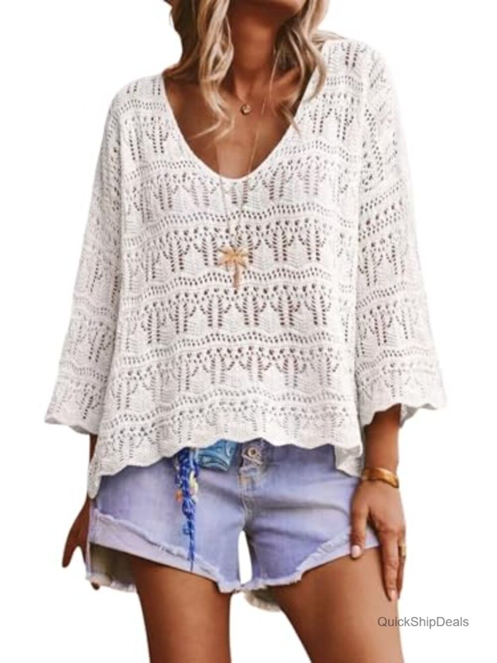 Crochet V-Neck Pullover Sweater 3/4 Sleeve Lightweight Boho Top